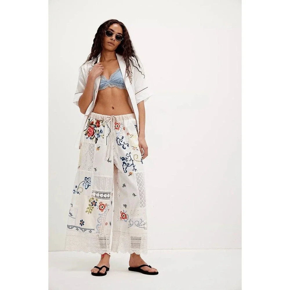 Free People Wallflower Pull-On Pants Embroidered Patchwork M Imperfect